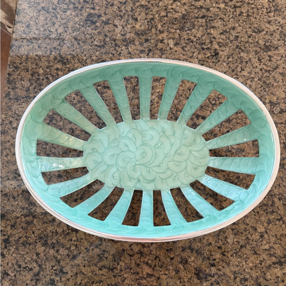 Turquoise Enamel On Metal Decorative Oval Bowl Bread Basket or Decor